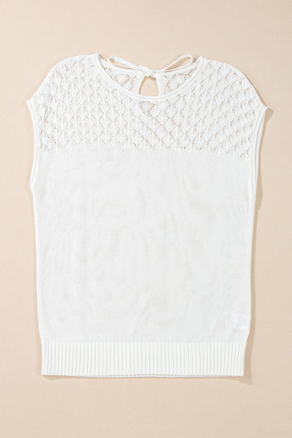 White Eyelet Knit Tied Back Short Sleeve Sweater