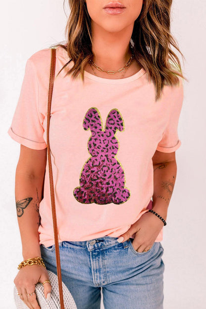 Pink Sequined Leopard Bunny Easter Graphic Tee - L & M Kee, LLC