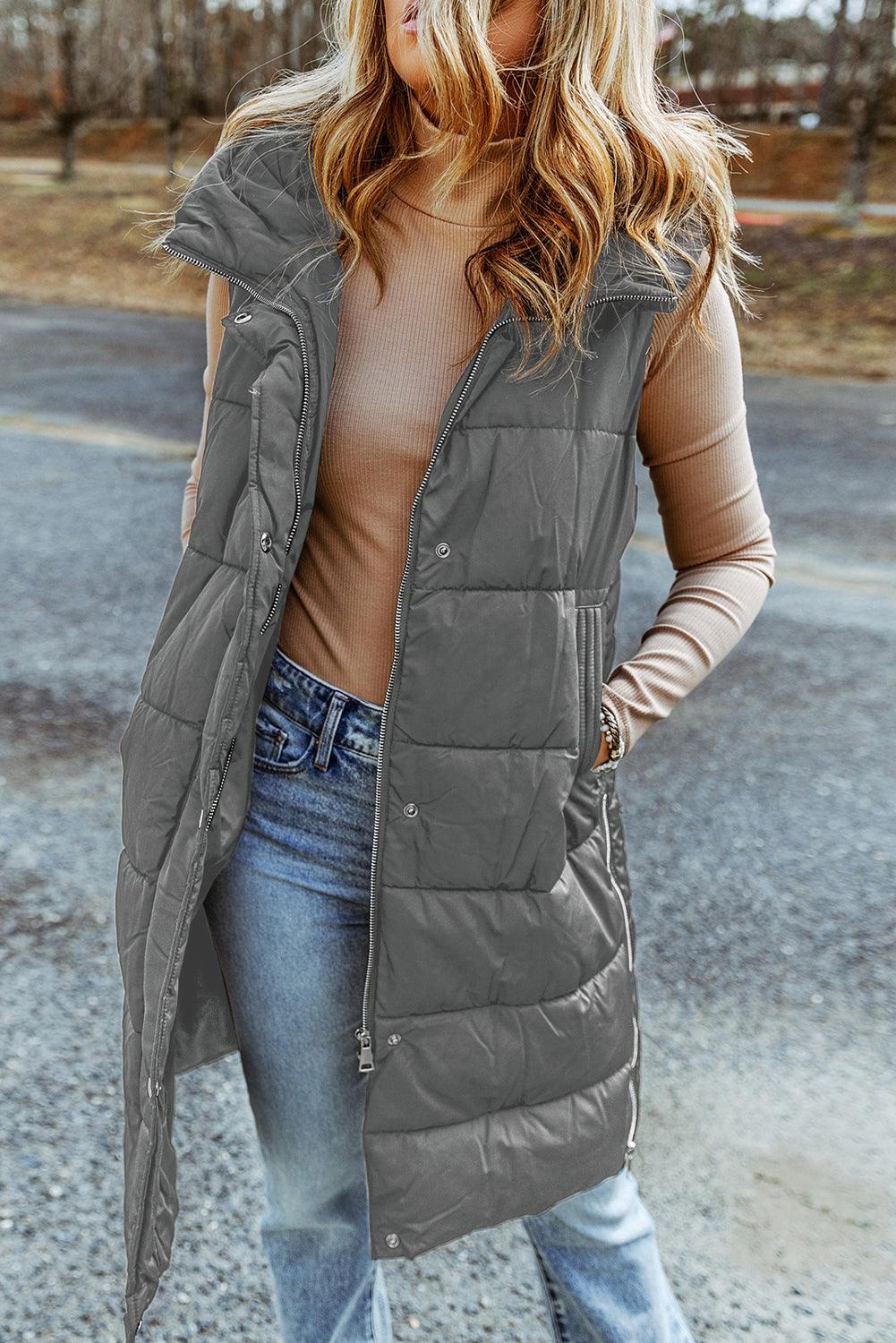 Black Hooded Long Quilted Vest Coat - L & M Kee, LLC