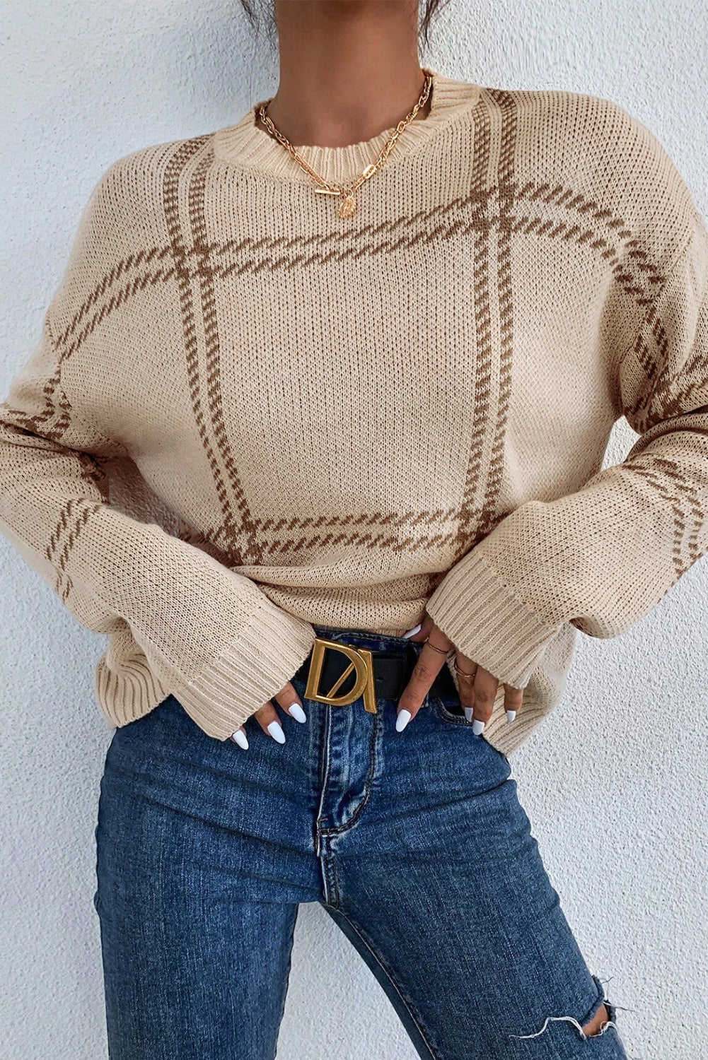 Pink Plaid Pattern Knitted Drop Shoulder Sweater