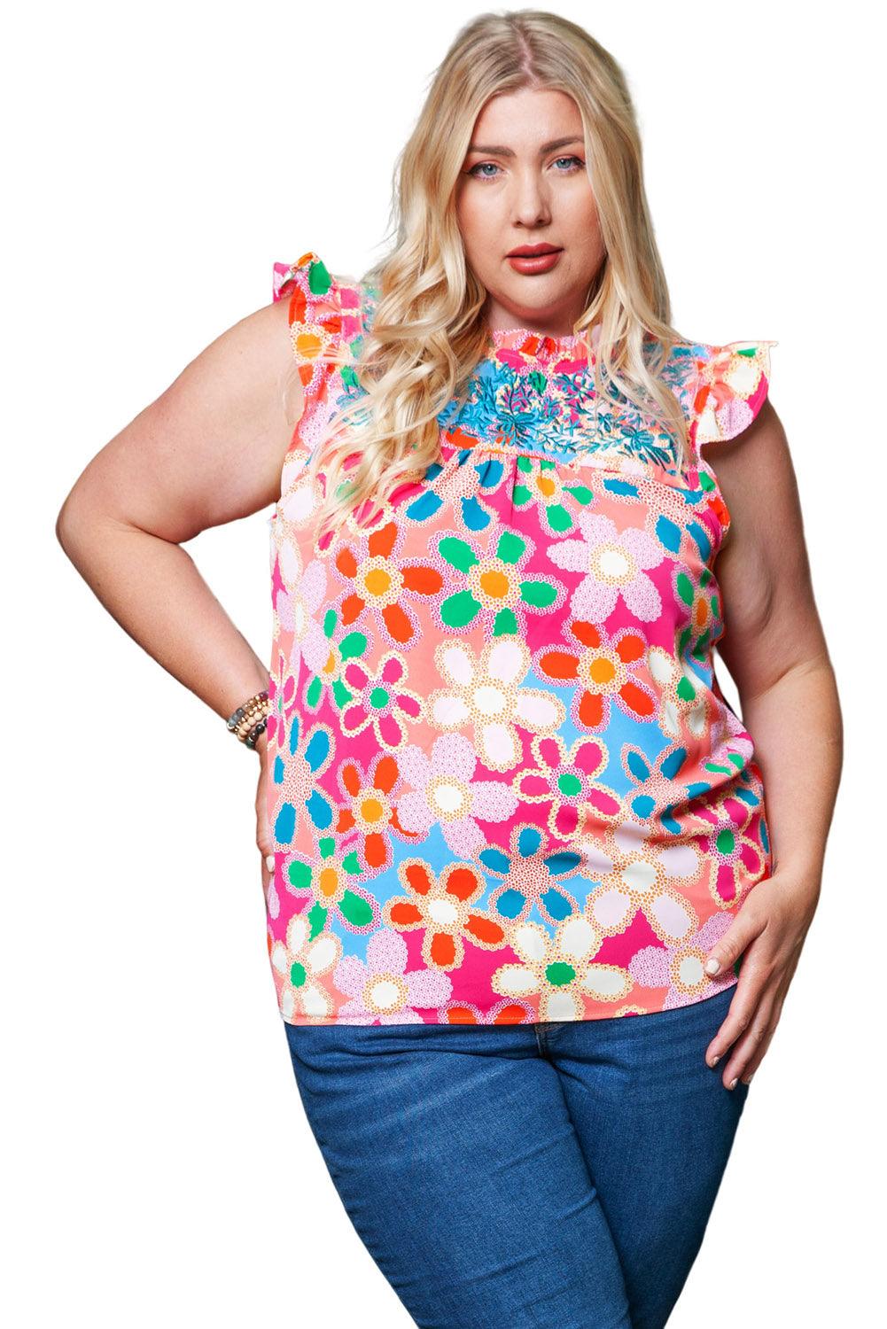 Multicolor Plus Size Floral Embroidered Flutter Sleeve Tank Top - L & M Kee, LLC