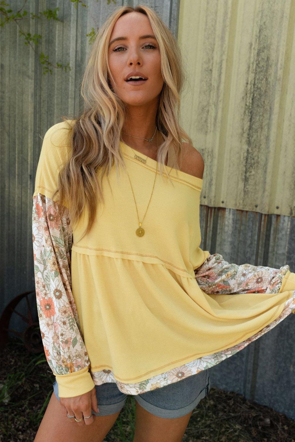 Yellow Floral Patchwork Waffle Knit Babydoll Blouse - L & M Kee, LLC