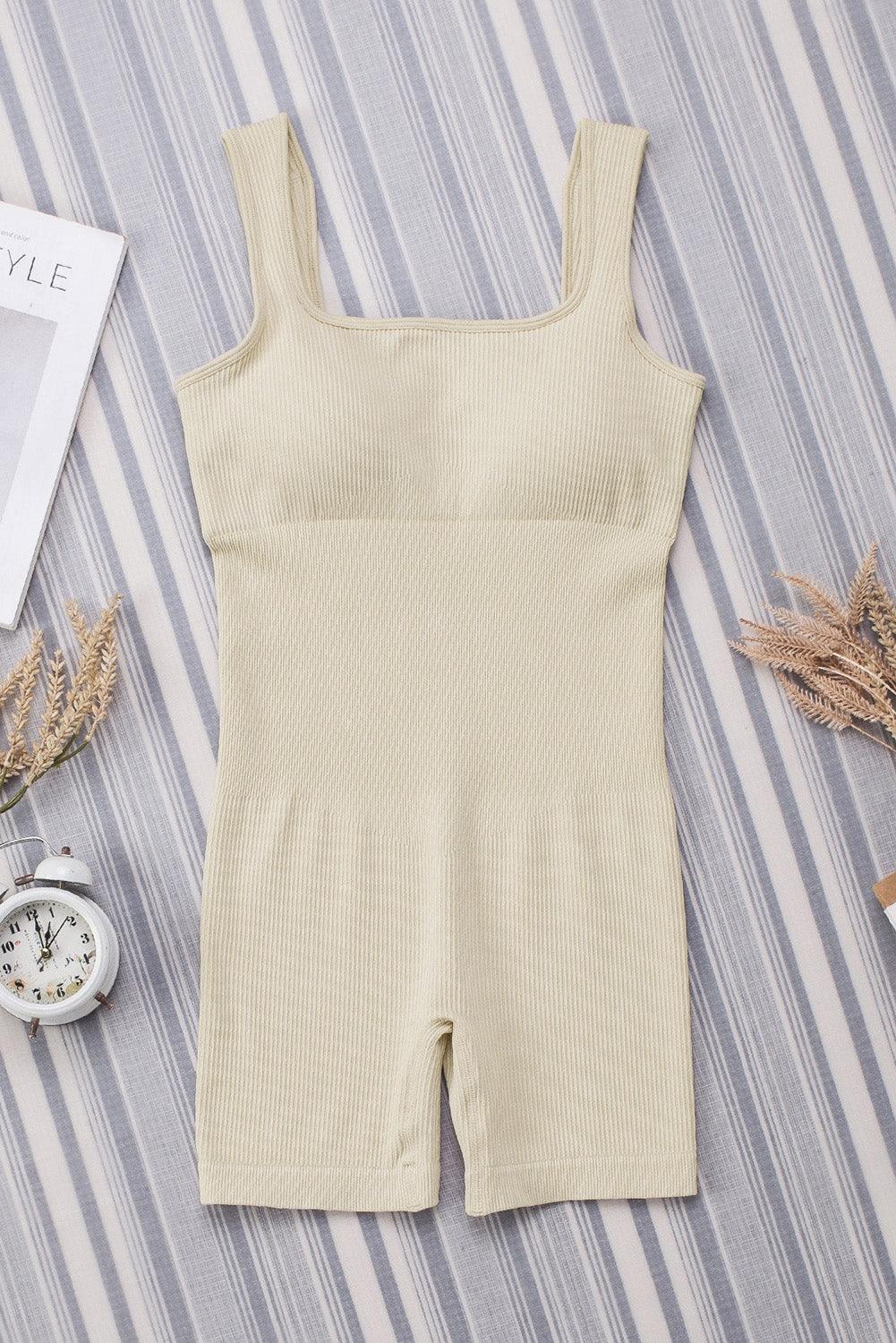 Gray Ribbed Square Neck Padded Sports Romper - L & M Kee, LLC