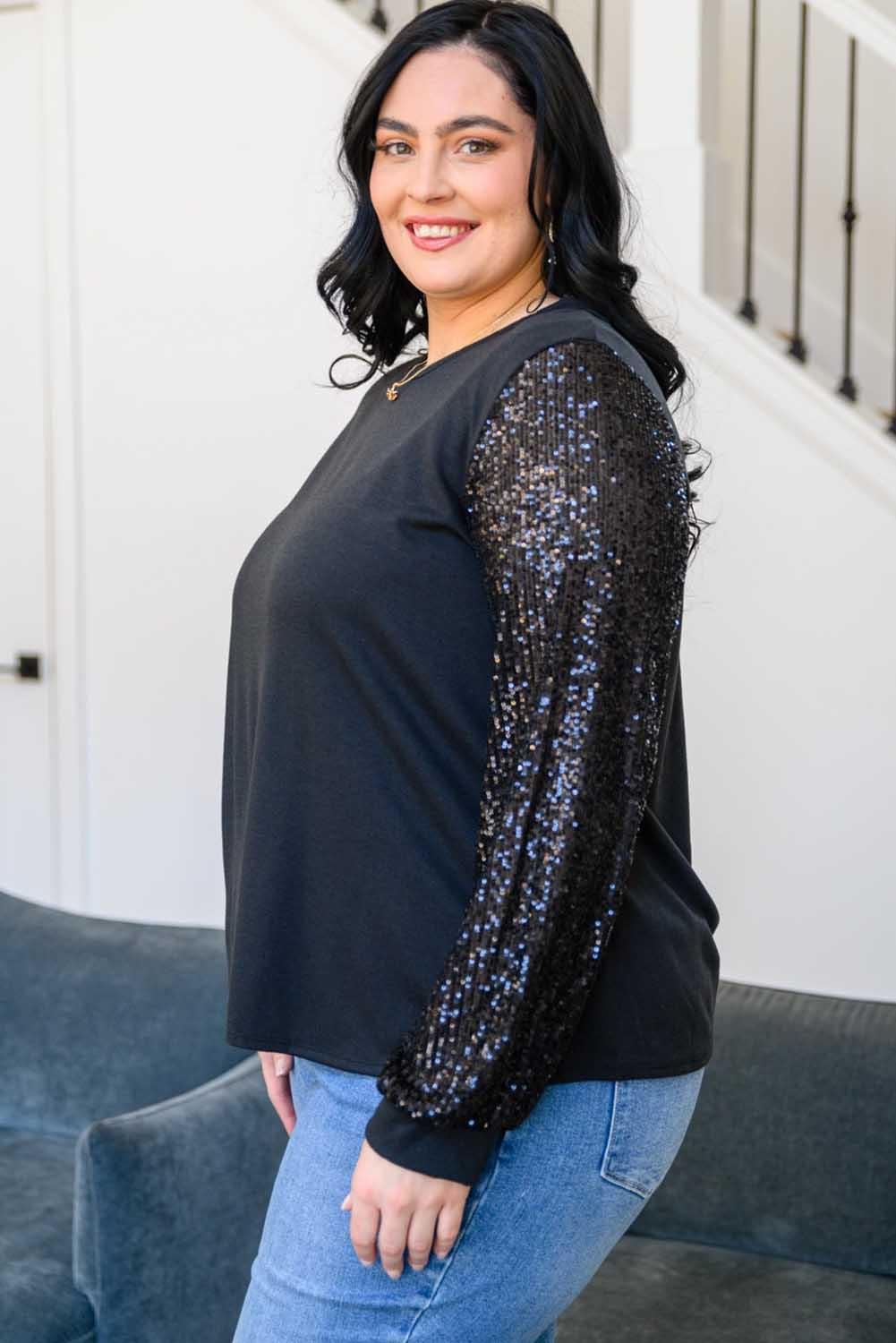 Sequin Contrast Long Sleeve Plus Size Top - L & M Kee, LLC