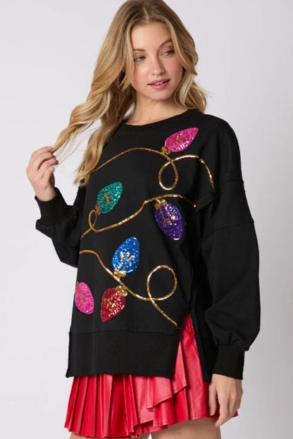 Black Bright Christmas Lights Printed Oversized Sweatshirt