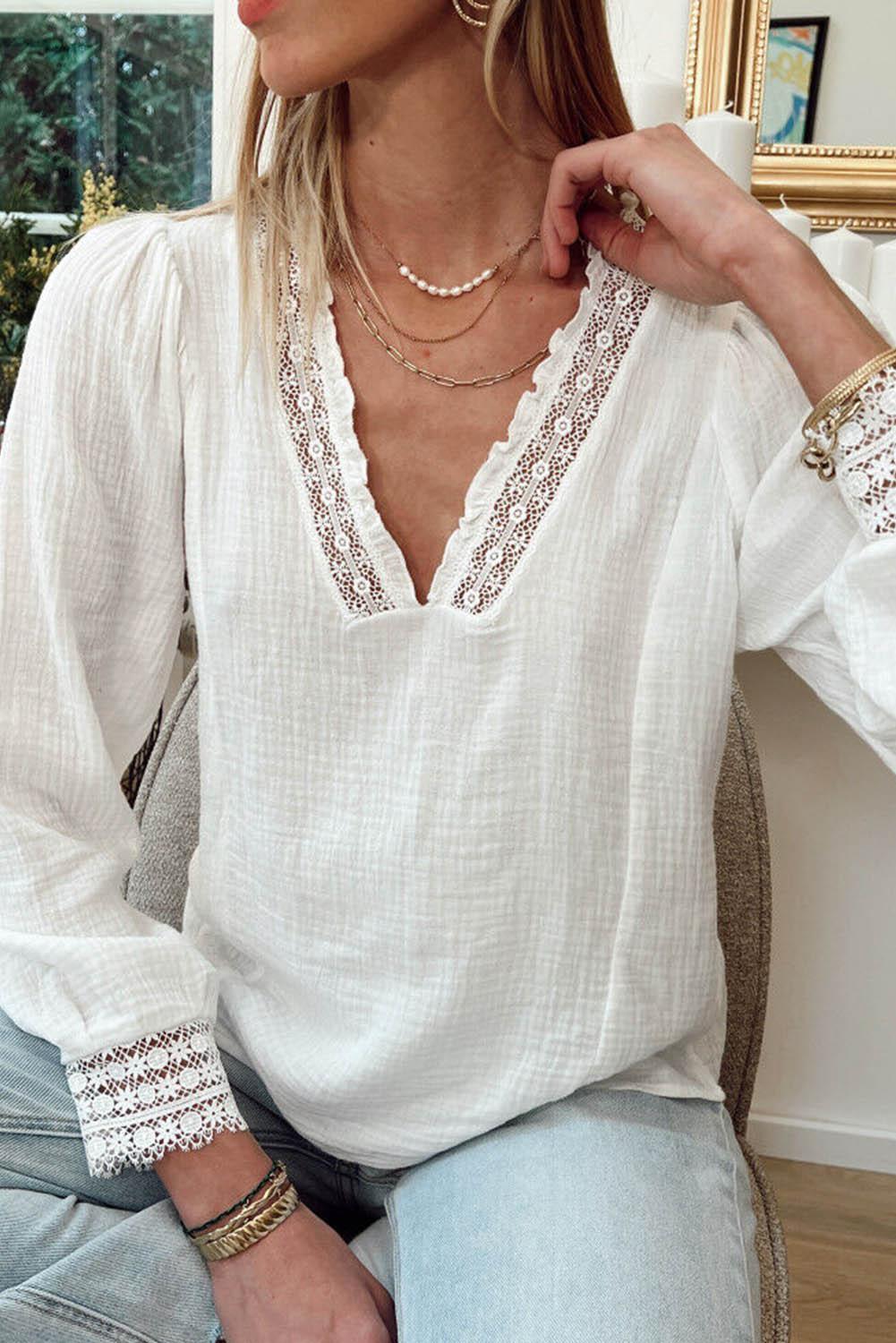 White Lace Patchwork Textured Blouse - L & M Kee, LLC