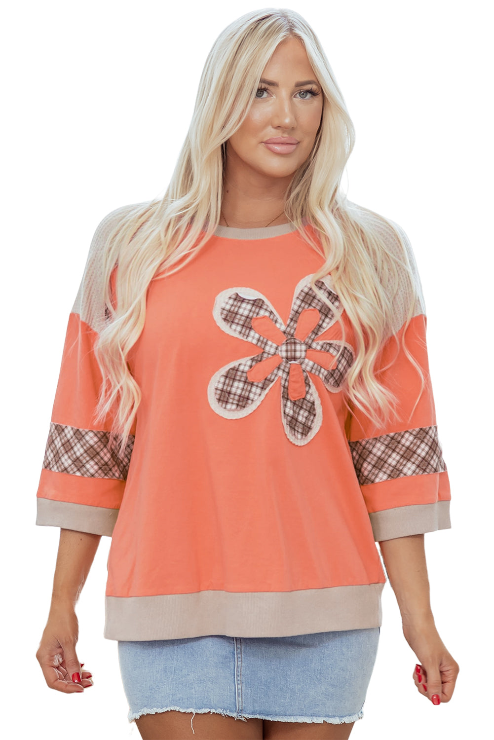 Grapefruit Orange Plaid Waffle Flower Patchwork Bracelet Sleeve Top