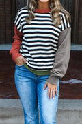 Gray Striped Panels Colorblock Sleeve Chic Sweater