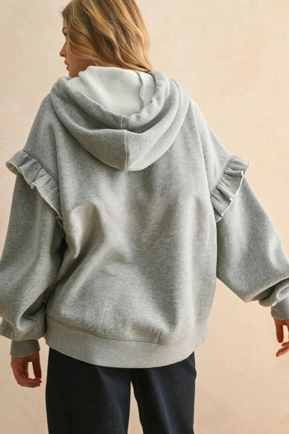 Gray Contrast Rope Drawstring Ruffle Trim Drop Shoulder Baggy Hoodie