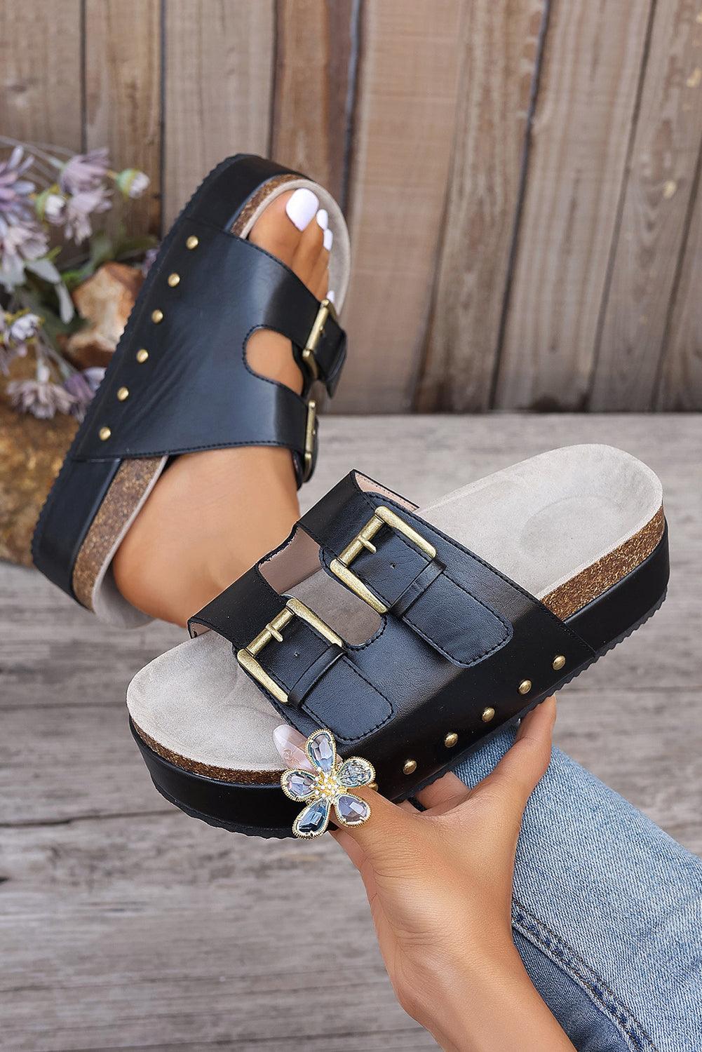 Black Dual Buckle Studded Platform Sandal Slippers - L & M Kee, LLC