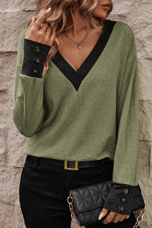 Moss Green Contrast V Neck Button Cuffed Long Sleeve Top - L & M Kee, LLC