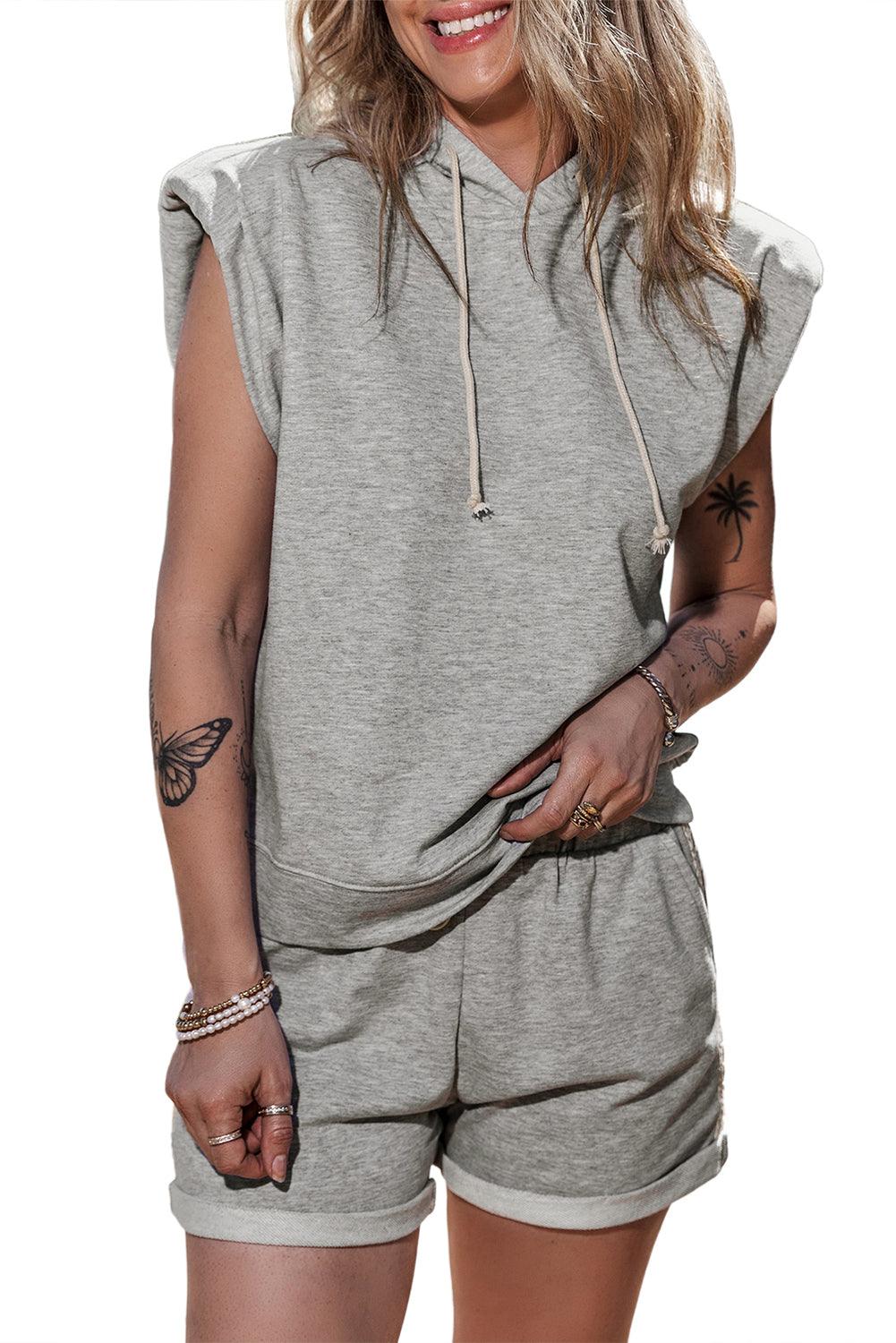 Gray Drawstring Sleeveless Hoodie and Shorts Set - L & M Kee, LLC