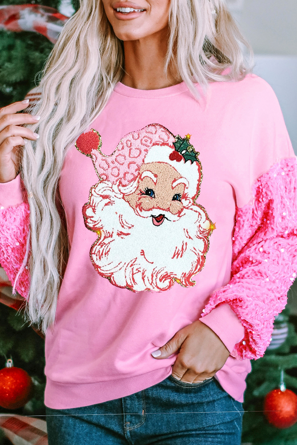 Pink Shiny Father Christmas Graphic Sequin Long Sleeve Top