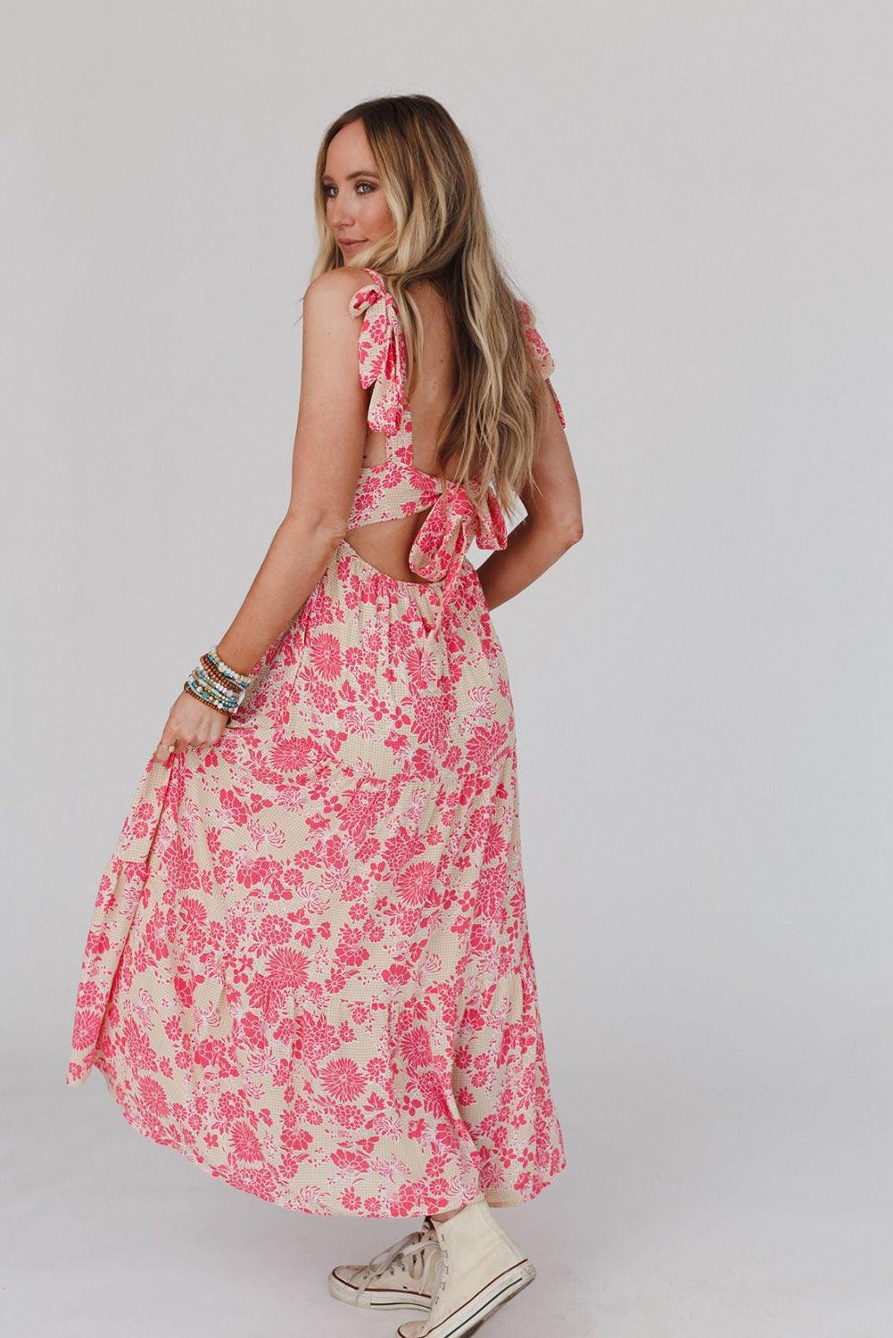 Gingham Floral Tie Shoulder Maxi Dress - L & M Kee, LLC