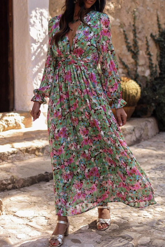 Green Floral Print Deep V Neck Ruched Cinched Waist Maxi Dress - L & M Kee, LLC