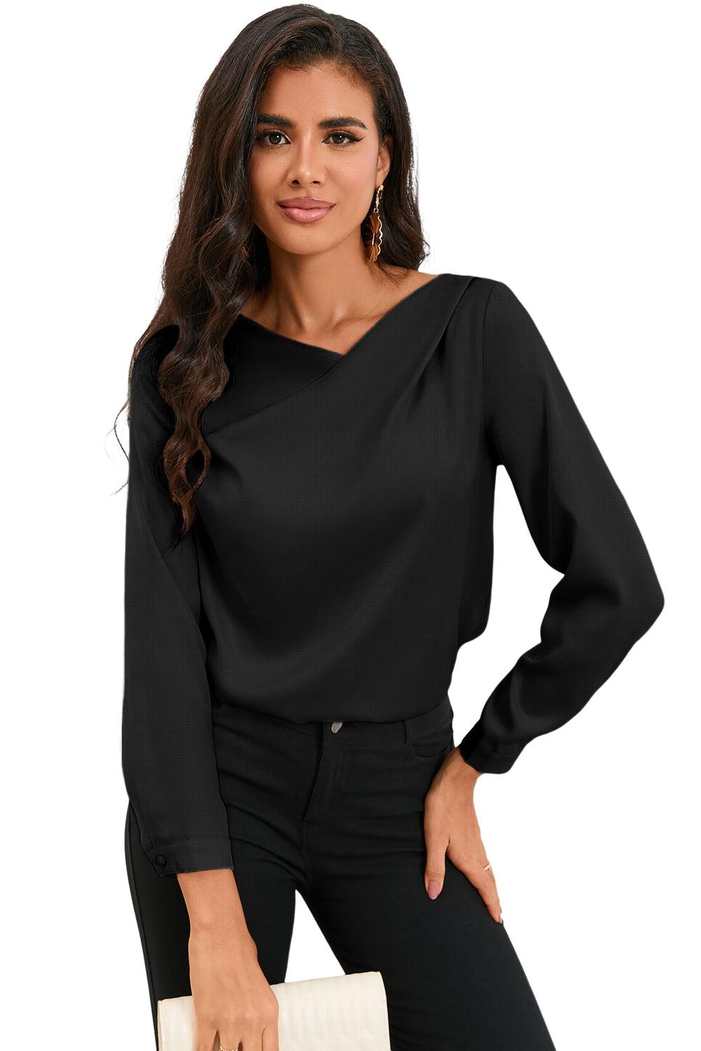 Solid Asymmetric V Neck Long Sleeve Satin Blouse - L & M Kee, LLC