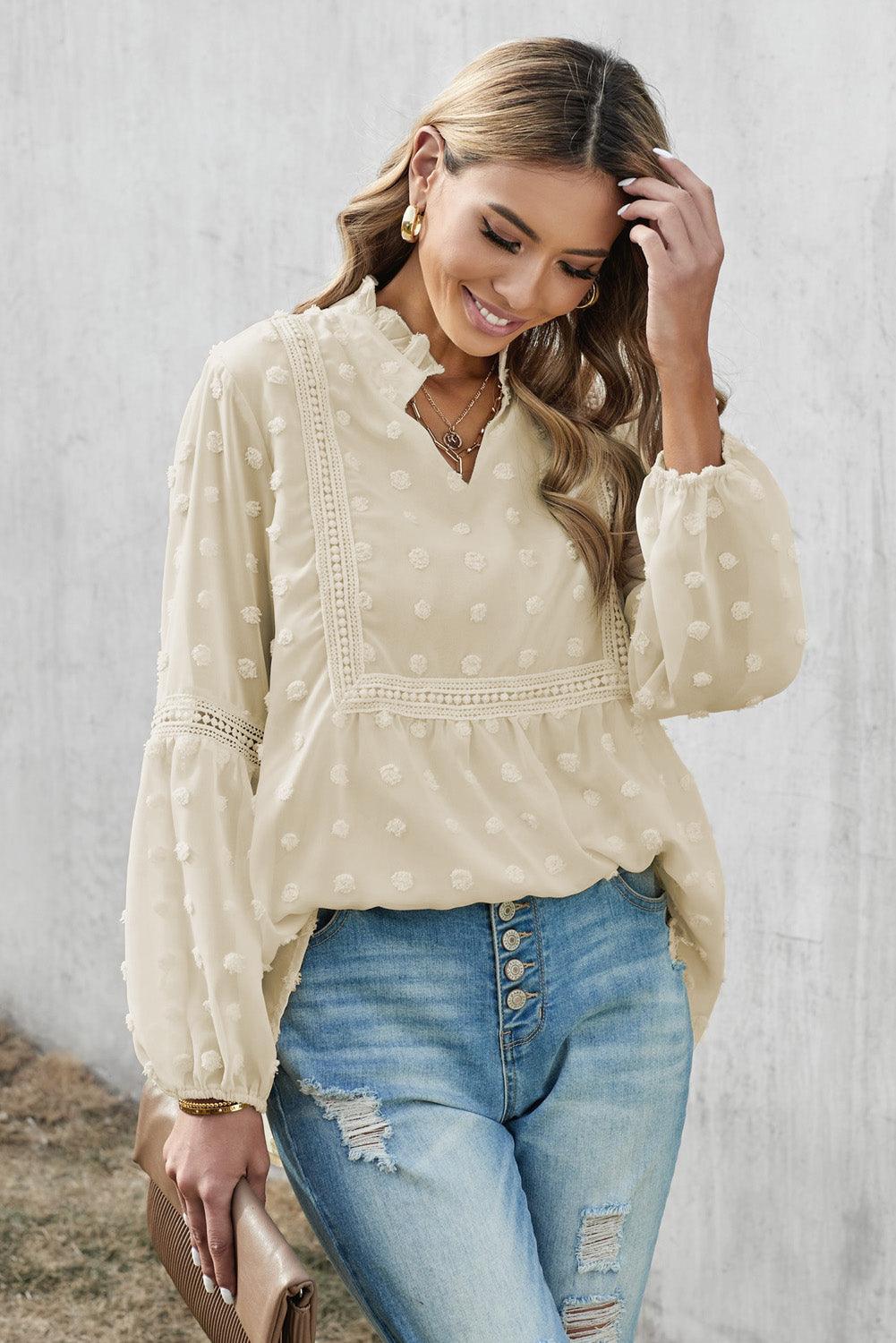 Blue Ruffled Split Neck Lace Hollow Out Puff Sleeve Polka Dot Blouse - L & M Kee, LLC