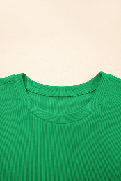 Bright Green Ribbed Pearl Beaded Puff Sleeve Top