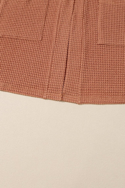 Brown Waffled Knit Thumb Sleeve Pocketed Cardigan - L & M Kee, LLC