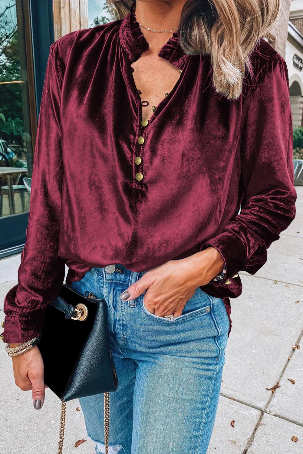 Burgundy Frilled Neck Buttoned Front Velvet Top - L & M Kee, LLC