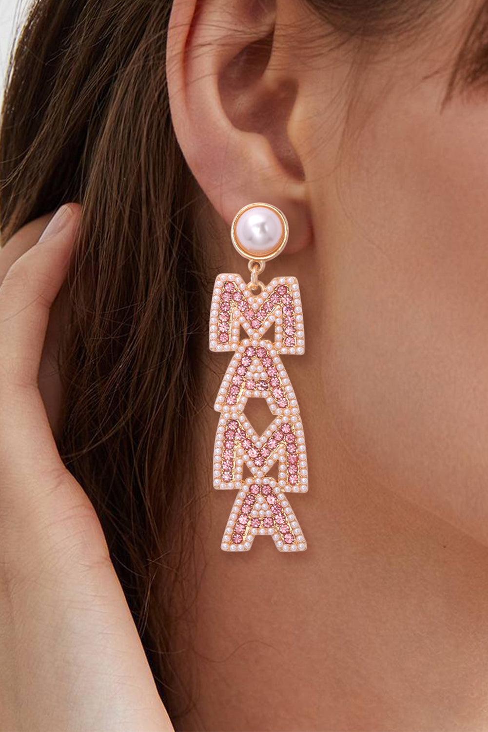 Apricot Pink MAMA Rhinestone Pearl Dangle Stud Earrings - L & M Kee, LLC