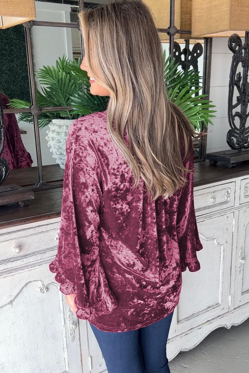 Red Dahlia Velvet Pagoda Sleeve Crew Neck Top - L & M Kee, LLC