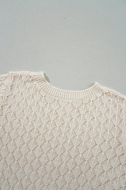 Beige Hollow Out Crochet O Neck Short Sleeve Sweater Tee