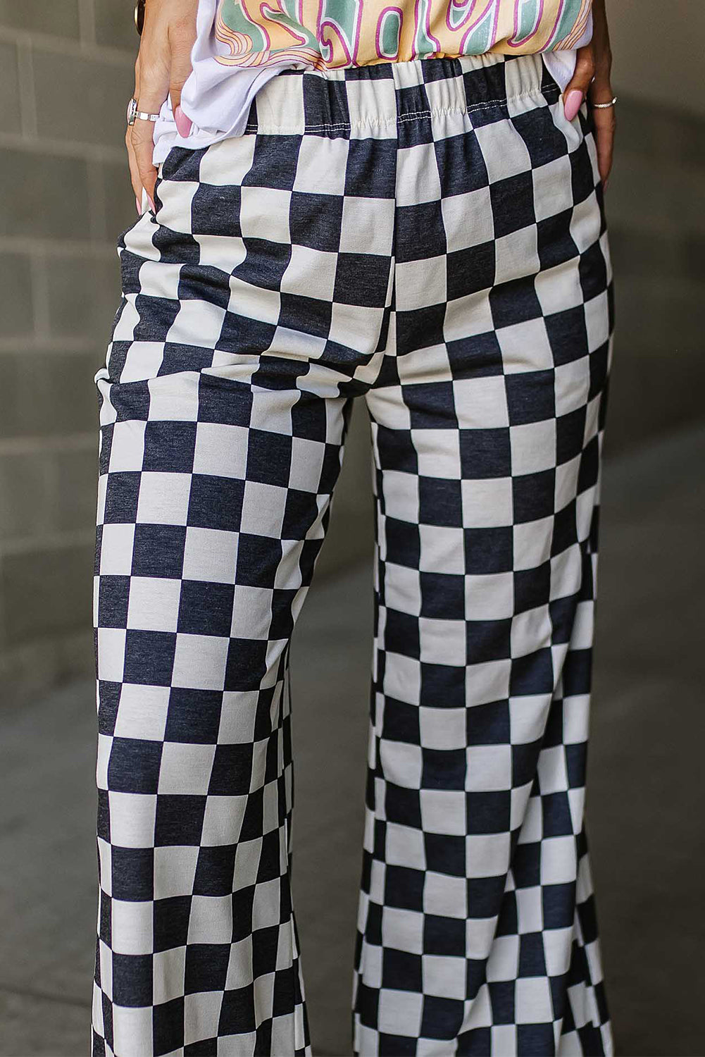 Bonbon 2-Tone Checked Print High Waist Wide Leg Pants