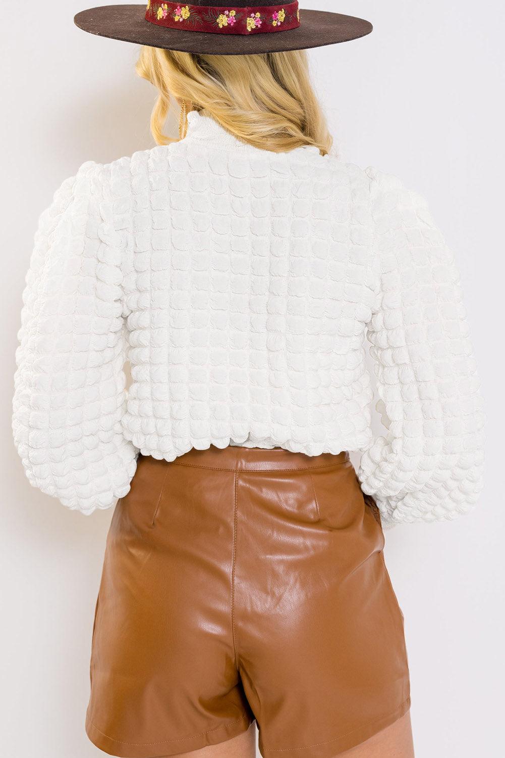 White Textured Smocked Mock Neck Puff Sleeve Blouse - L & M Kee, LLC