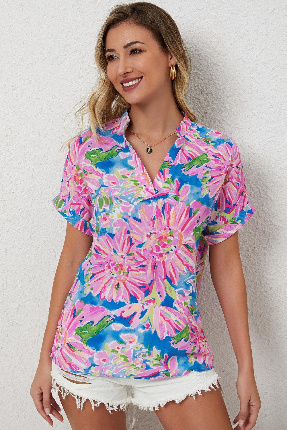 Pink Abstract Floral Print Notch V Neck Rolled Short Sleeve Blouse - L & M Kee, LLC