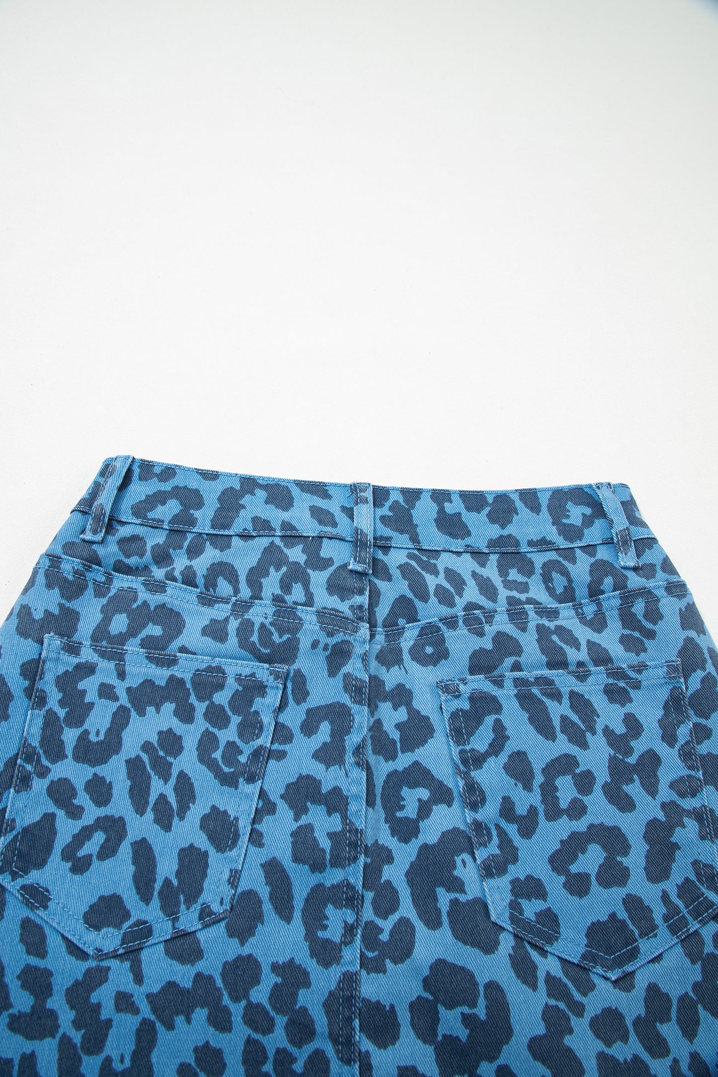 Sky Blue Leopard Denim Frayed Split Denim Midi Skirt