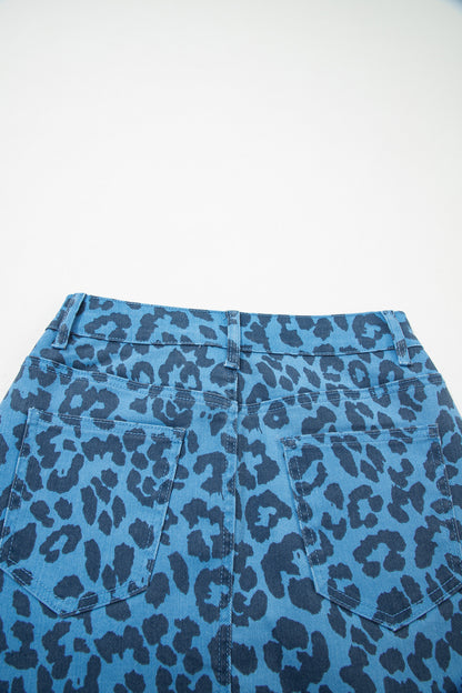 Sky Blue Leopard Denim Frayed Split Denim Midi Skirt