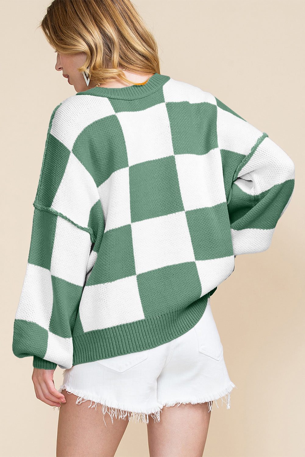 Fiery Red Checkered Bishop Sleeve Sweater