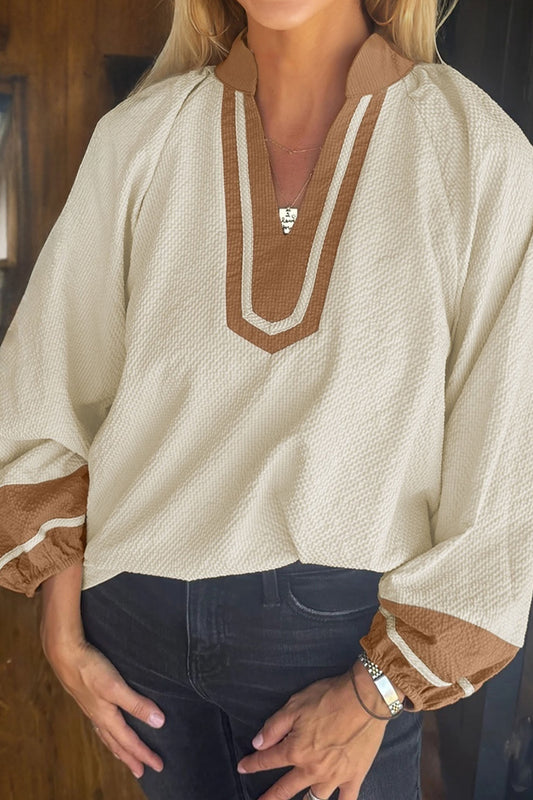 Jet Stream Color Block Patchwork Detail V Neck Textured Long Sleeve Blouse