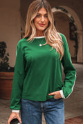 Bright Green Varsity Striped Accent Contrast Crew Neck Long Sleeve T Shirt