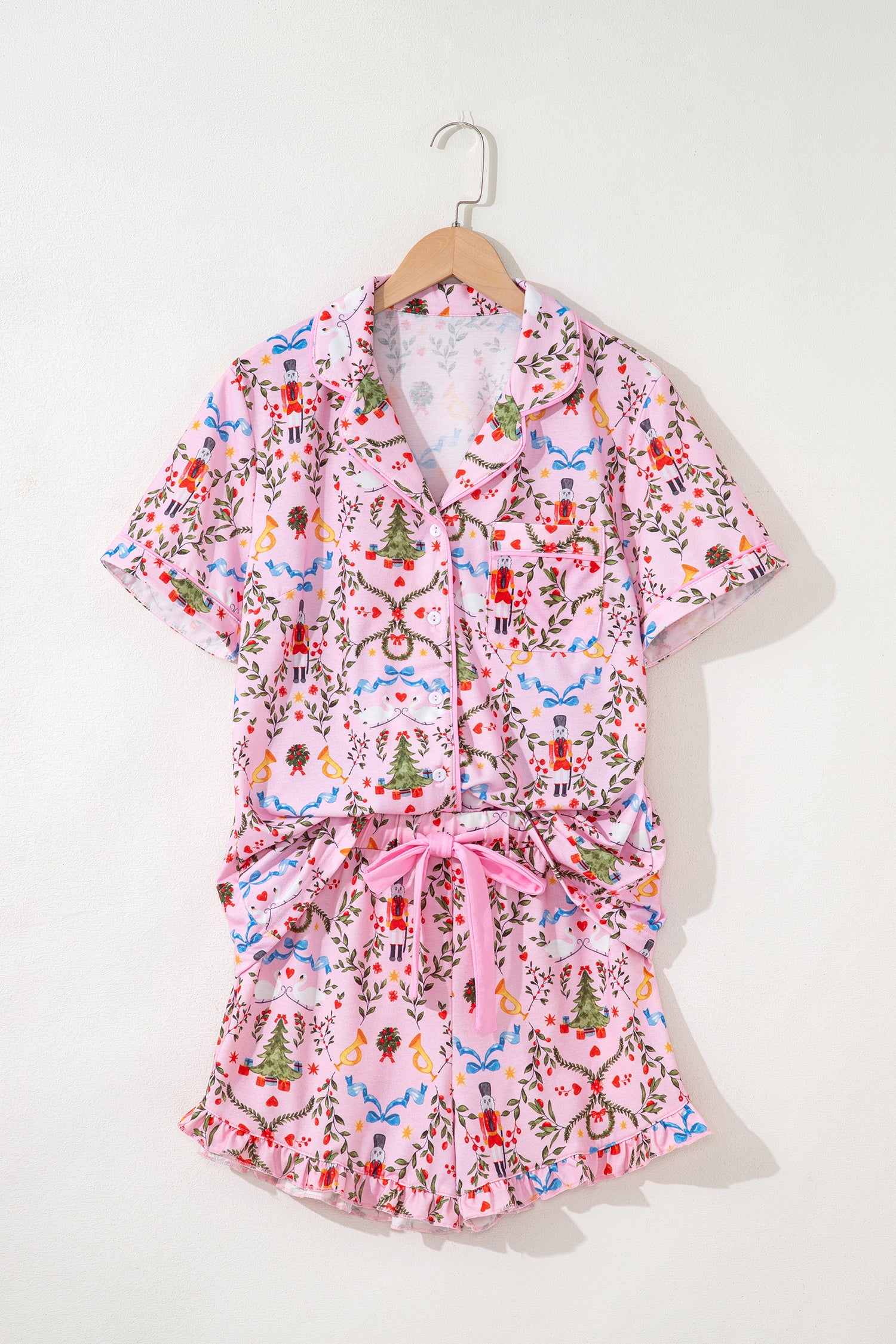 Pink Nutcracker Doll Christmas Print Ribbon Tie Waist Short 2pcs Pajama Set