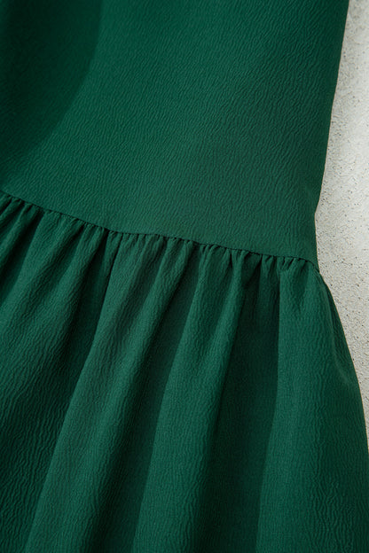 Blackish Green Solid Long Sleeve Button V Neck Tiered Maxi Dress