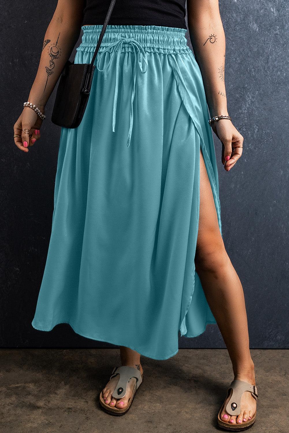 Peacock Blue Drawstring Split Side Flowy Long Skirt - L & M Kee, LLC