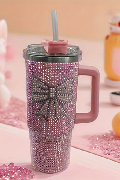 Pink Bow Knot Rhinestone Insulated Portable Cup 40oz