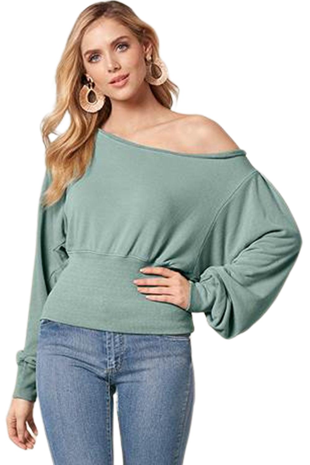 Green Off Shoulder Bishop Sleeve Cinched Waist Blouse - L & M Kee, LLC