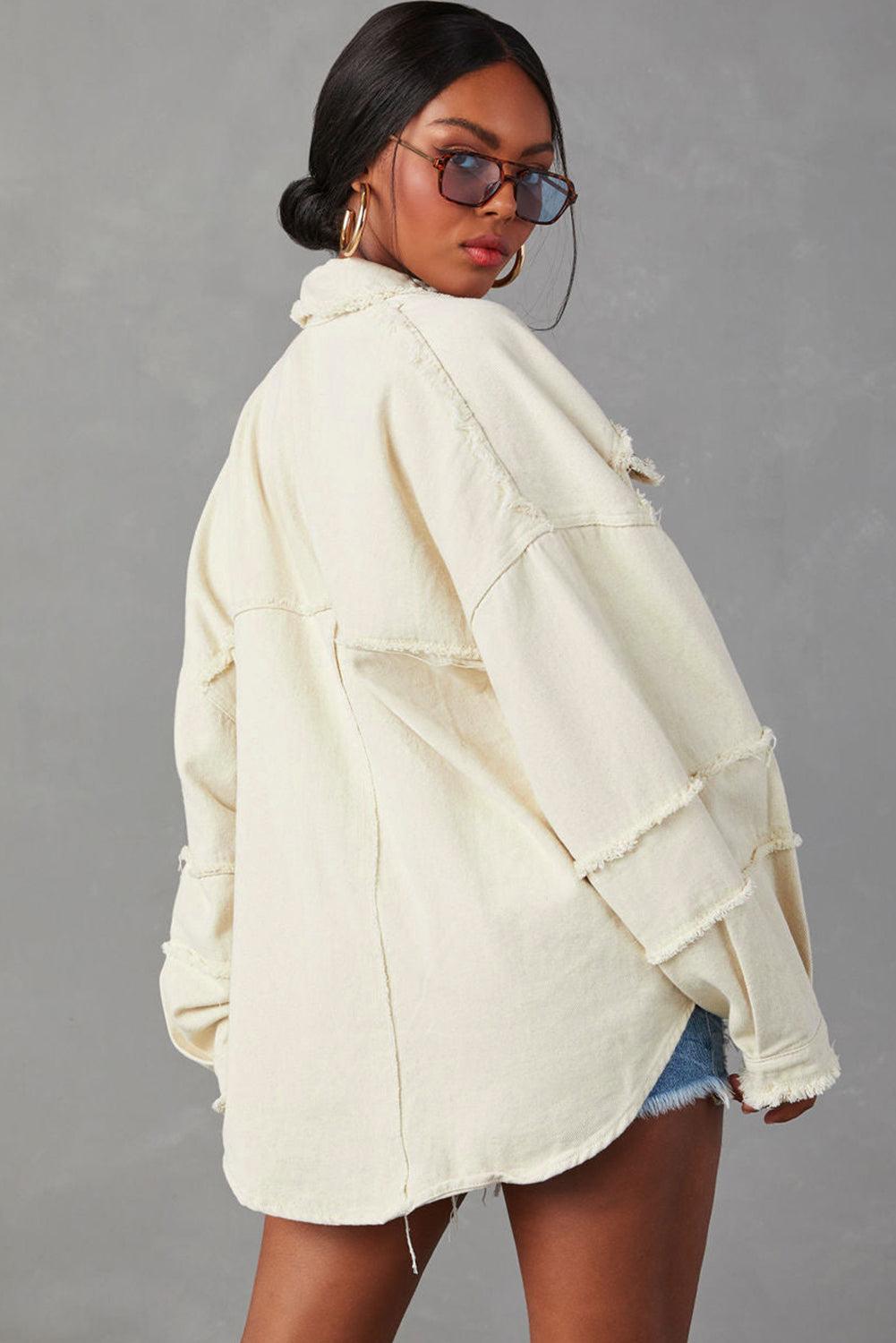 White Frayed Exposed Seam Denim Jacket - L & M Kee, LLC