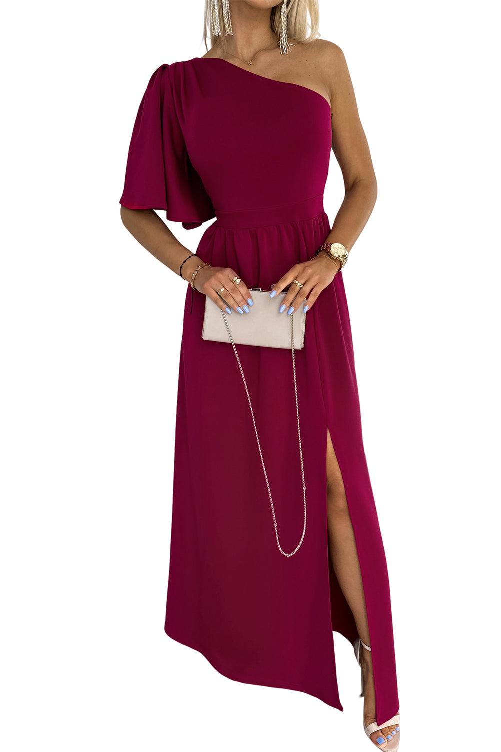 Rose One Shoulder Ruffle Sleeve Maxi Dress with Slit - L & M Kee, LLC