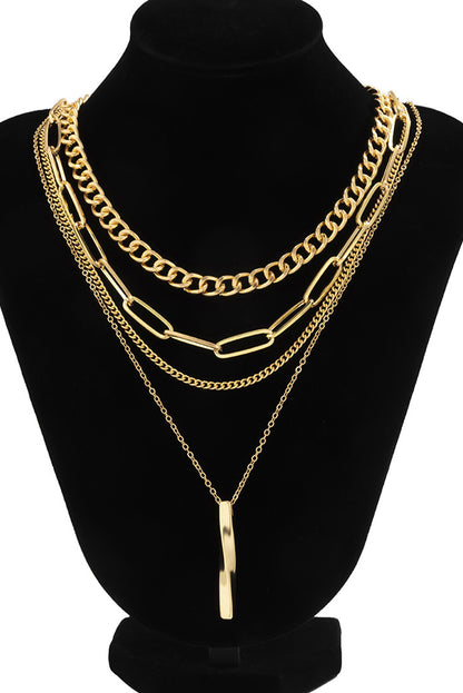 Gold Multi Layered Bar Pendant Plated Chain Necklace