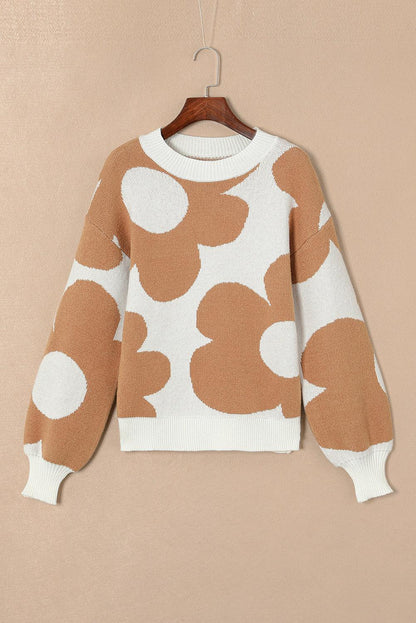 Khaki Big Flower Pattern Drop Shoulder Sweater - L & M Kee, LLC