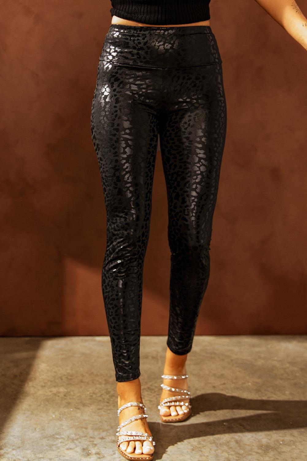 Black Shiny Leopard Textured Leggings - L & M Kee, LLC