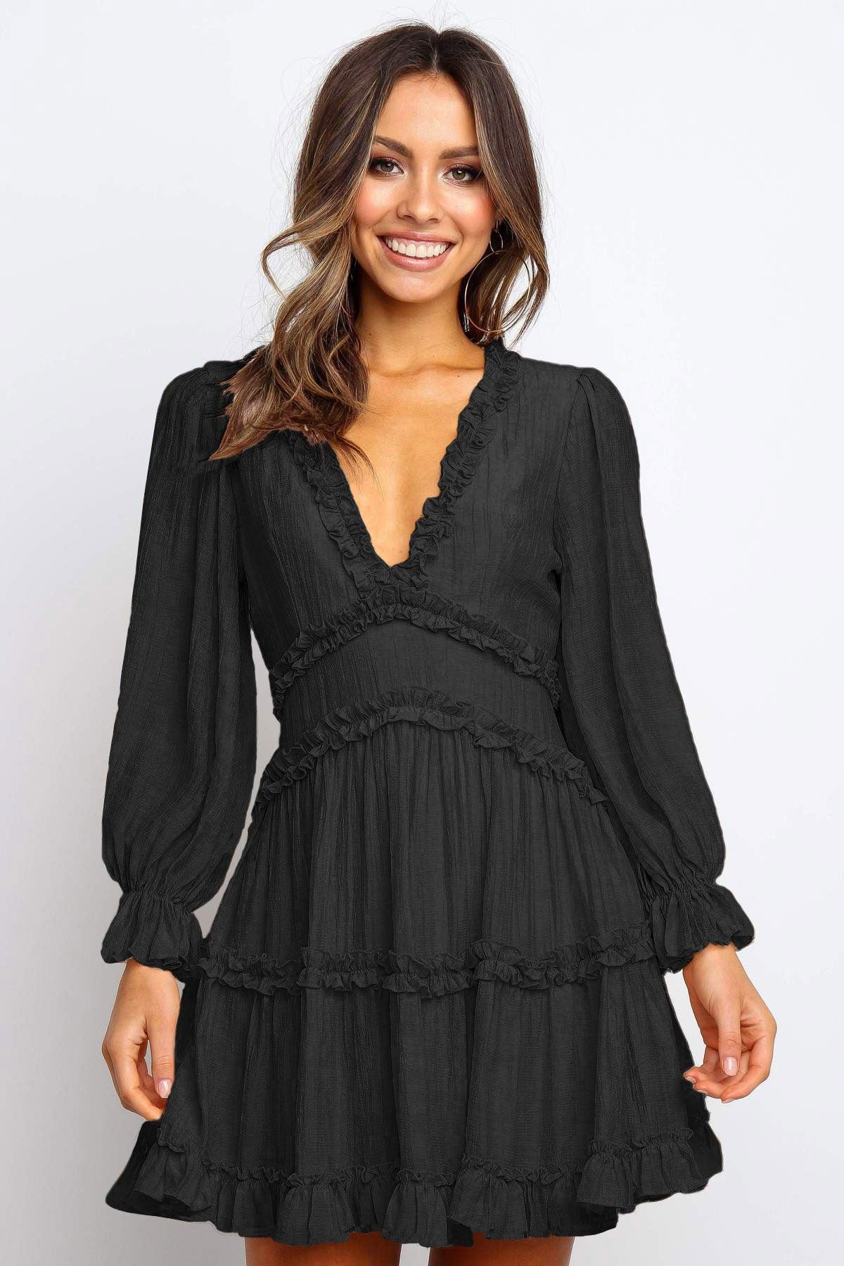 Black V Neck Ruffle Detailing Open Back Dress - L & M Kee, LLC