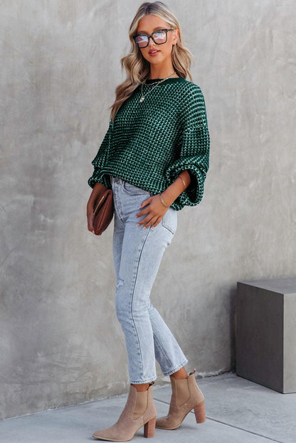 Green Heathered Knit Drop Shoulder Puff Sleeve Sweater - L & M Kee, LLC