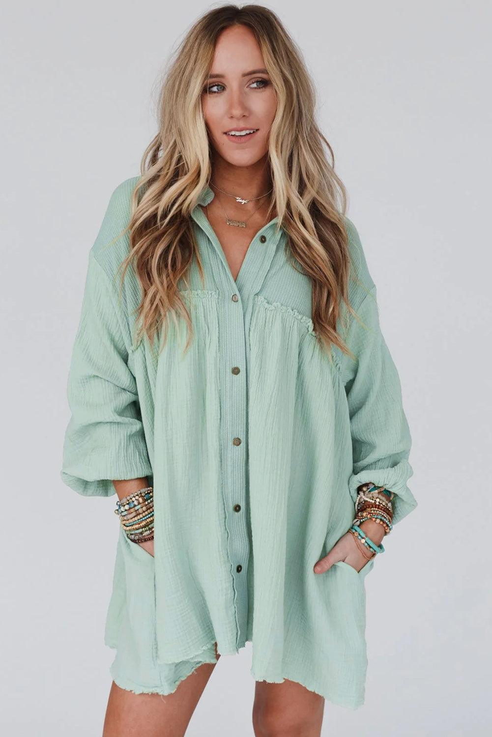 Green Patchwork Crinkle Puff Sleeve Shirt Dress - L & M Kee, LLC