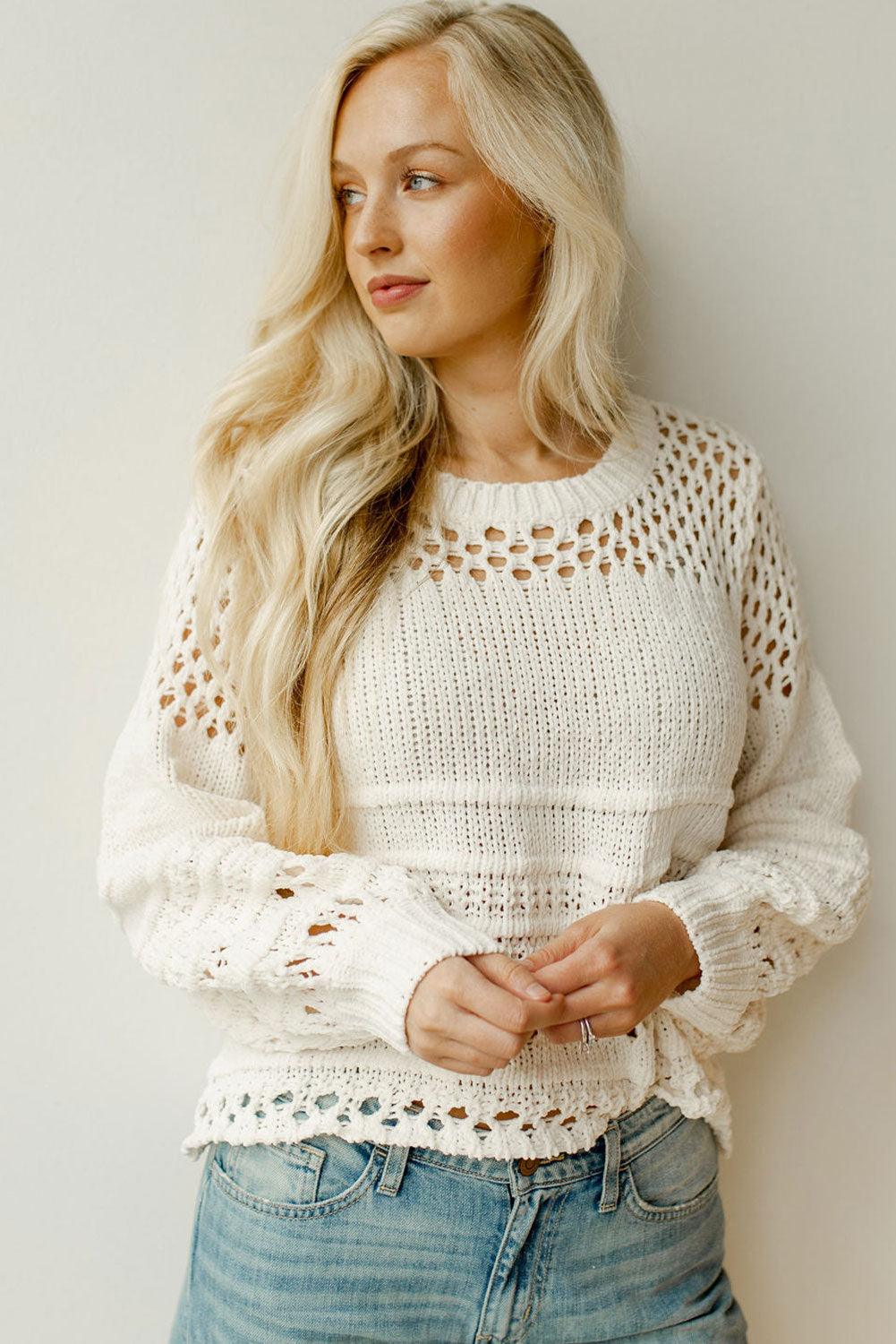 White Solid Color Pointelle Knit Puff Sleeve Sweater - L & M Kee, LLC