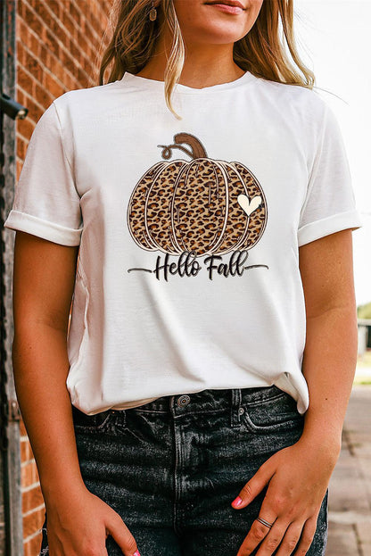 White Hello Fall Leopard Pumpkin Graphic T Shirt - L & M Kee, LLC